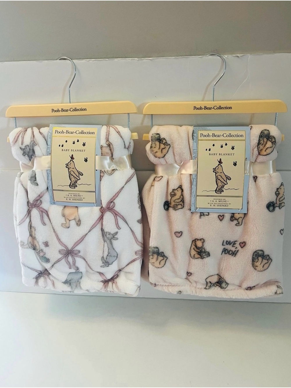 Winnie the Pooh Bear Collection Lot of 2 Baby Blankets Love Sweet as Hunny Bows